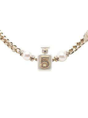 Chanel CC Logo Perfume Bottle Chain Pendant Silver White Metal Faux